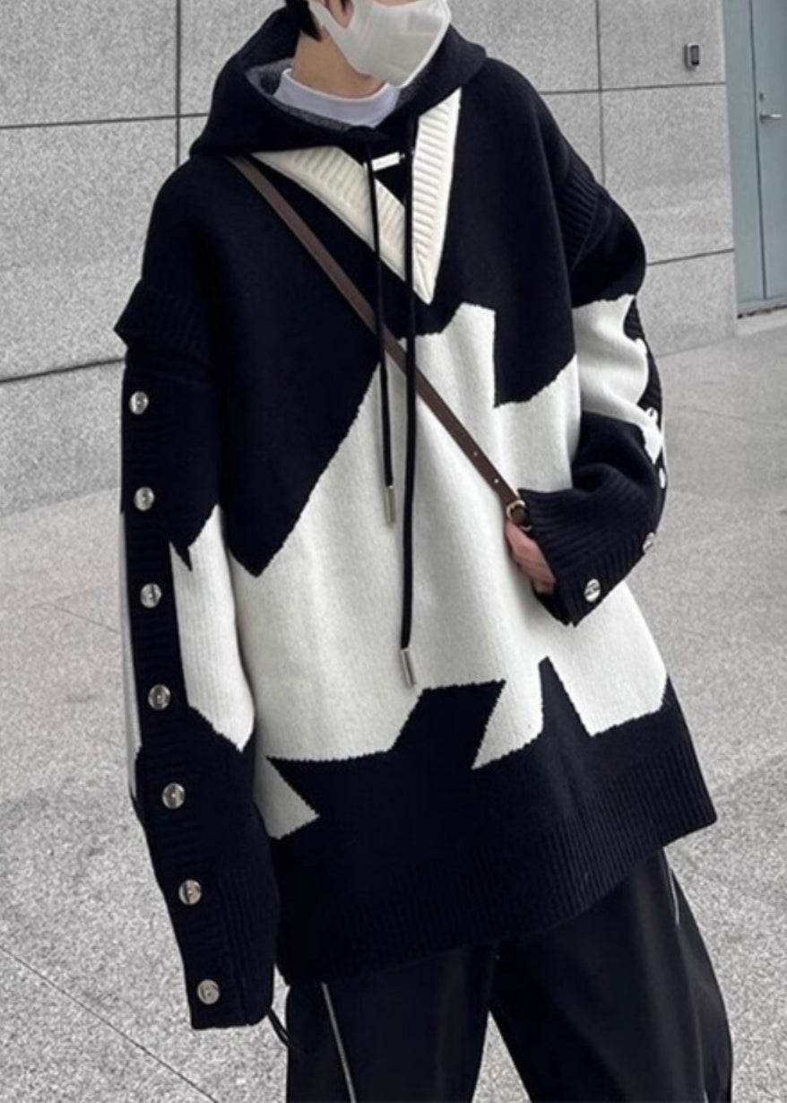 New Black Hooded Cozy Patchwork Knit Sweaters Spring