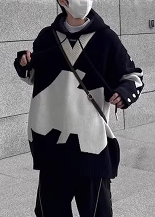 New Black Hooded Cozy Patchwork Knit Sweaters Spring