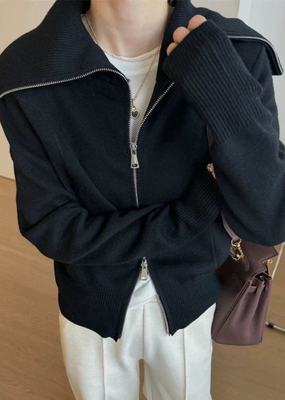 New Black Peter Pan Collar Zip Up Knit Sweater Spring