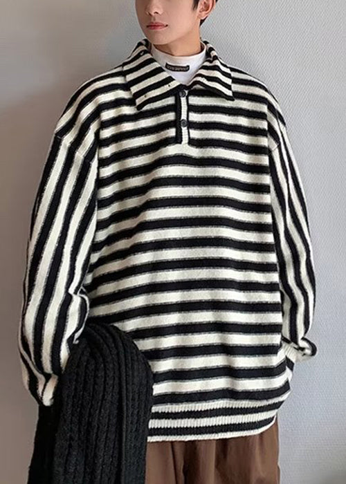 New Black Striped Turtleneck Button Knit Sweaters Fall