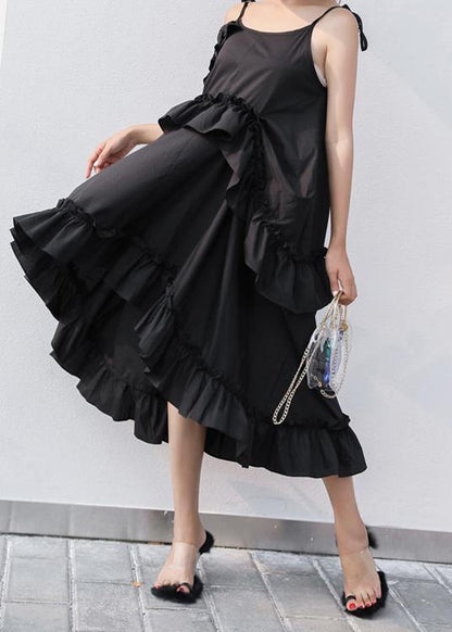 New Black Summer Ruffles Cotton Maxi Dresses