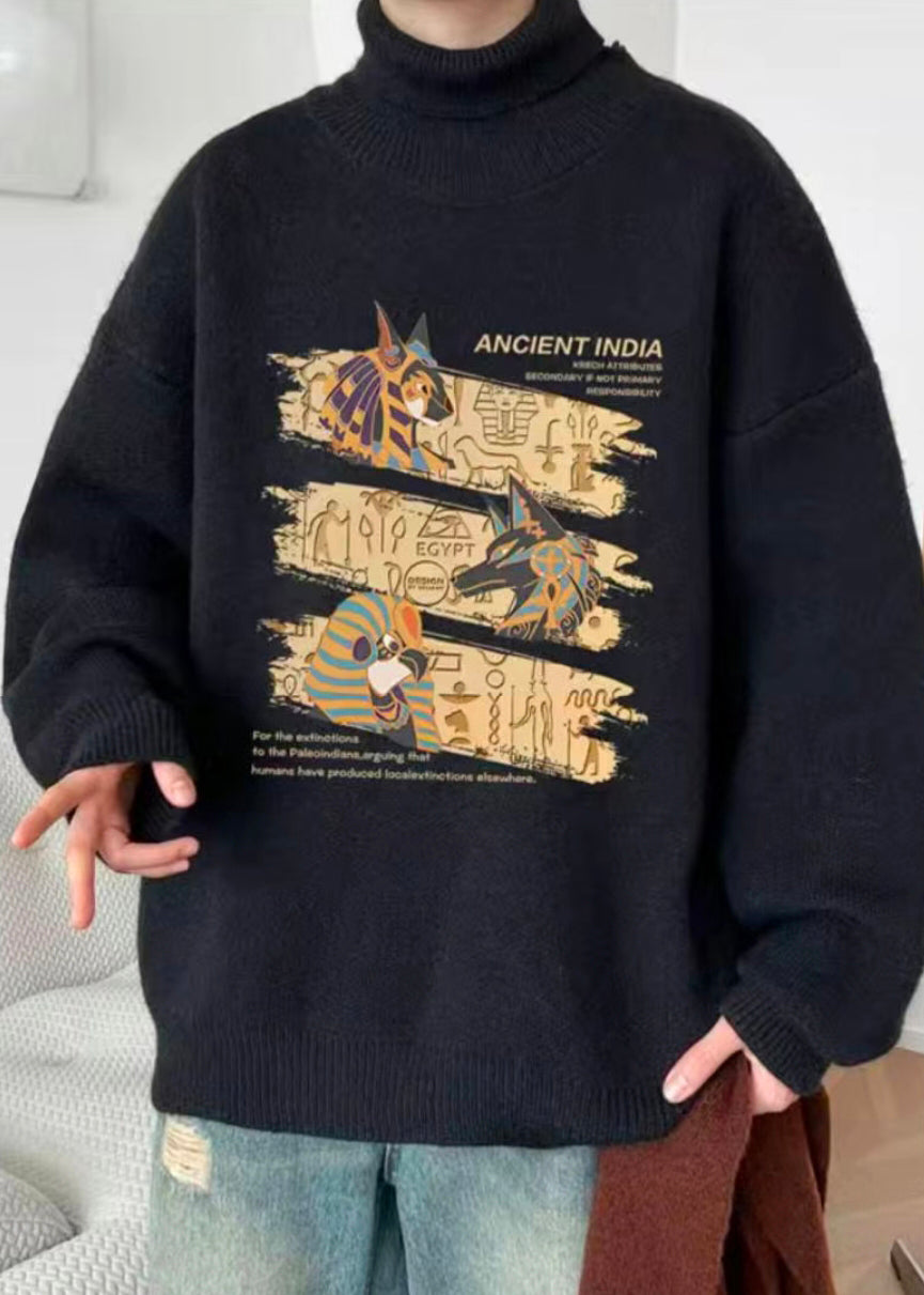 New Black Turtleneck Print Knit Sweaters Pullover Winter