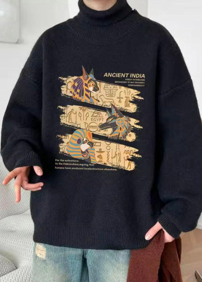 New Black Turtleneck Print Knit Sweaters Pullover Winter