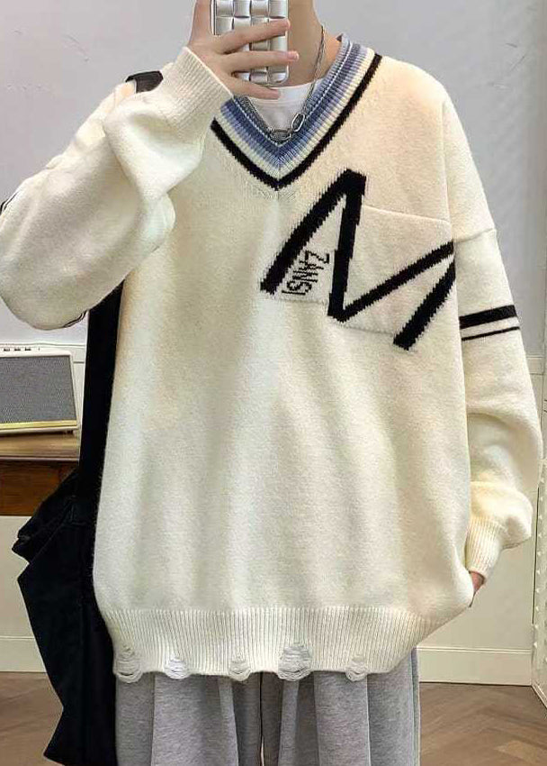 New Black V Neck Hole Patchwork Knit Sweaters Spring