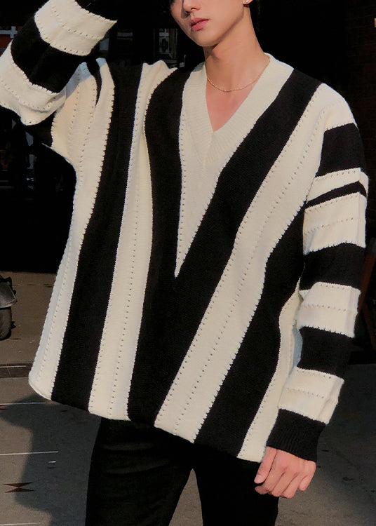 New Black V Neck Striped Knit Knit Sweater Spring