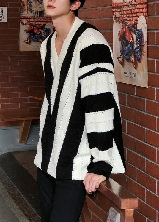 New Black V Neck Striped Knit Knit Sweater Spring