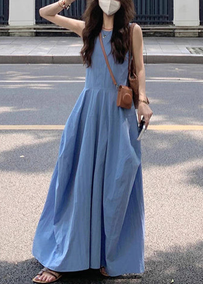 New Blue O Neck Pockets Cotton Long Dress Sleeveless