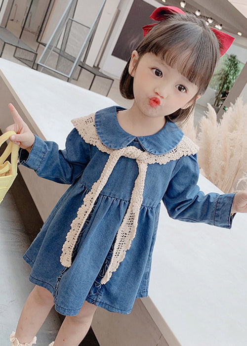 New Blue Peter Pan Collar Ruffled Denim Mid Dresses Long Sleeve