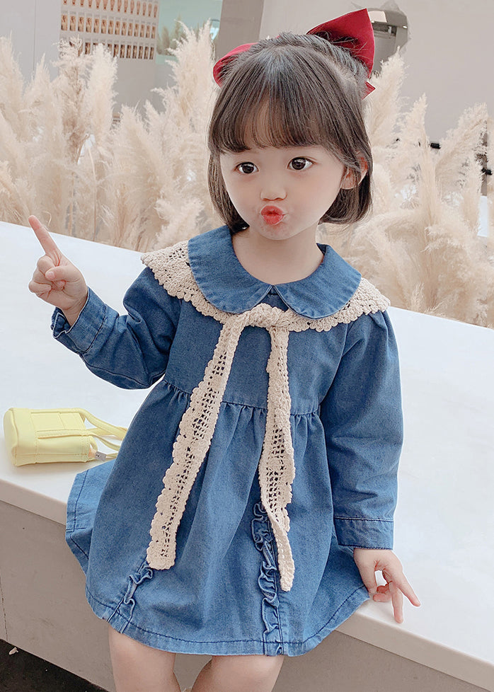 New Blue Peter Pan Collar Ruffled Denim Mid Dresses Long Sleeve