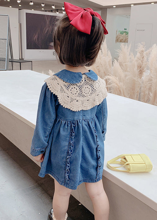New Blue Peter Pan Collar Ruffled Denim Mid Dresses Long Sleeve