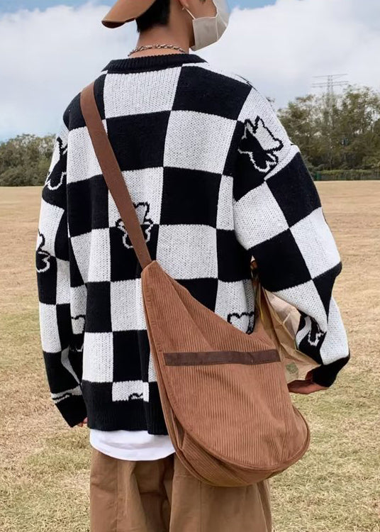 New Blue Plaid Patchwork Knit Sweater Winter