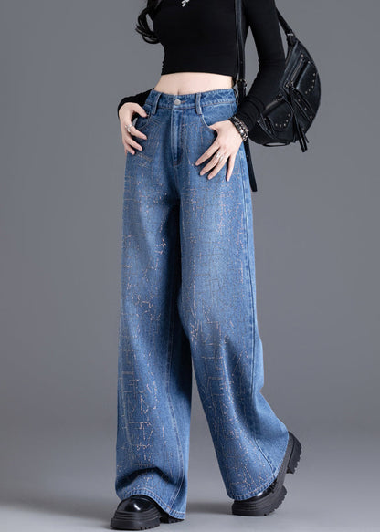 New Blue Pockets Zircon Denim Wide Leg Pants Spring