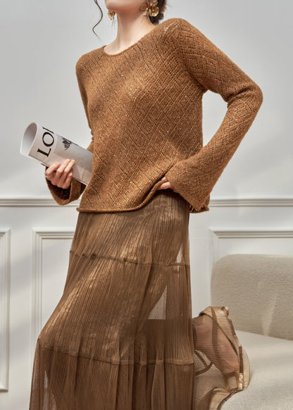 New Brown Hollow Out Knit Sweaters and Wrinkled Skirts Two Pieces Set Winter