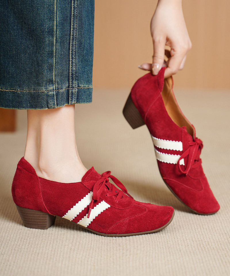 New Splicing Chunky Shoes Red Suede Lace Up