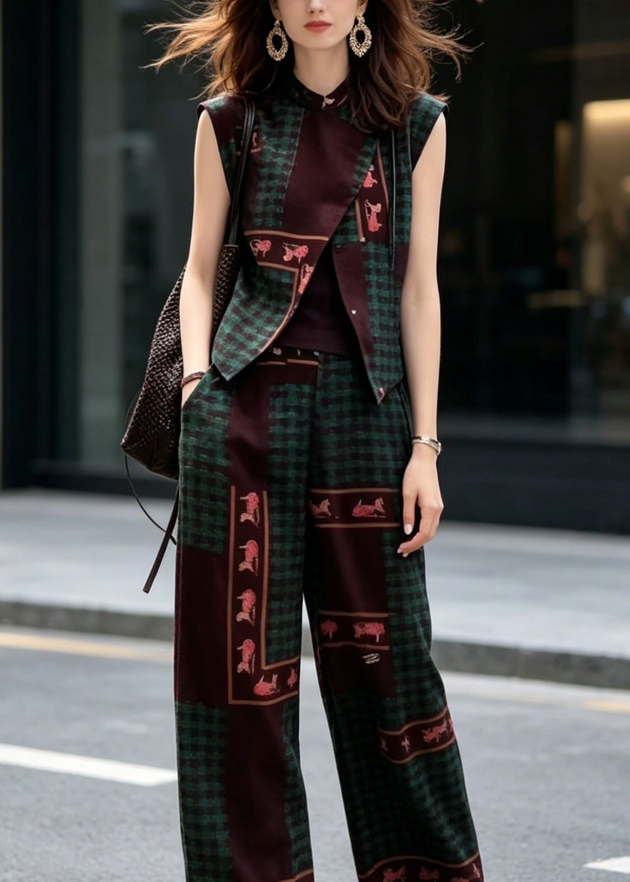 New Chinese Style Print Sleeveless Top and Wide Leg Pants Two Pieces Set