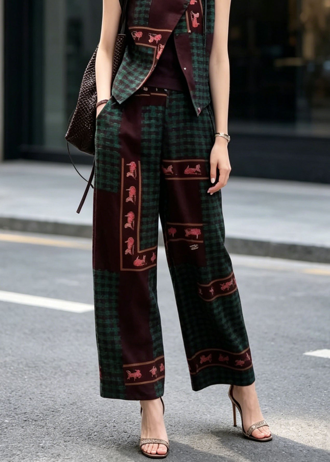 New Chinese Style Print Sleeveless Top and Wide Leg Pants Two Pieces Set
