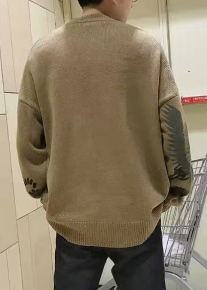 New Coffee O Neck Print Knit Sweater Spring