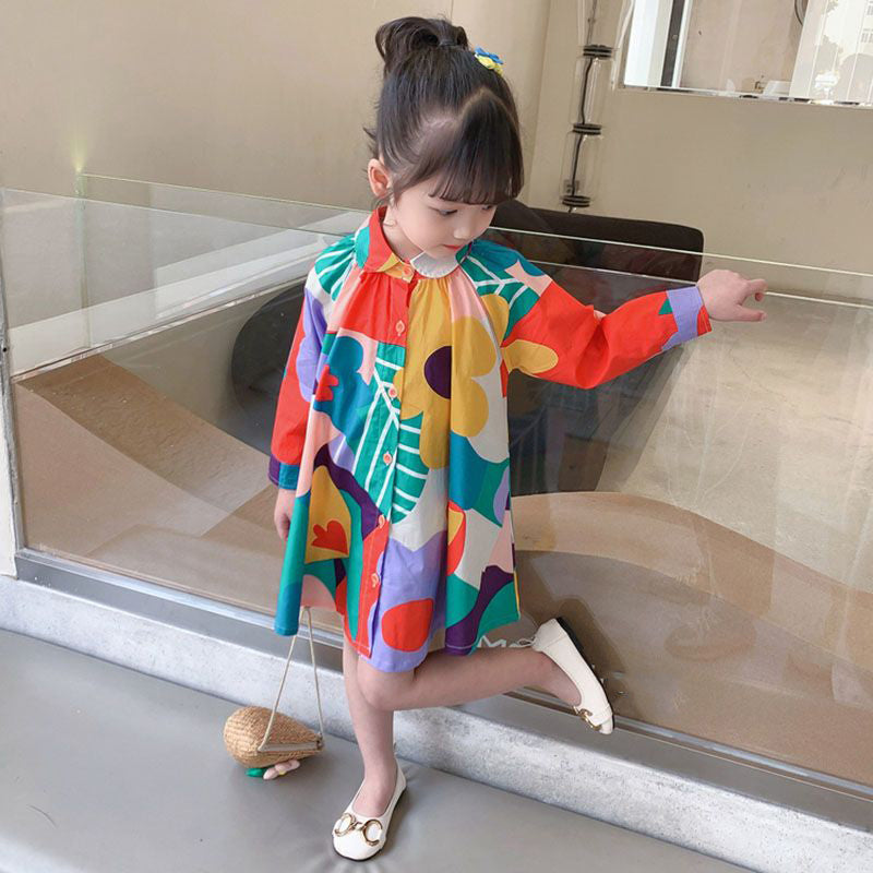 New Colorblock Print Button Mid Dress Long Sleeve