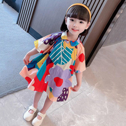 New Colorblock Print Button Mid Dress Long Sleeve