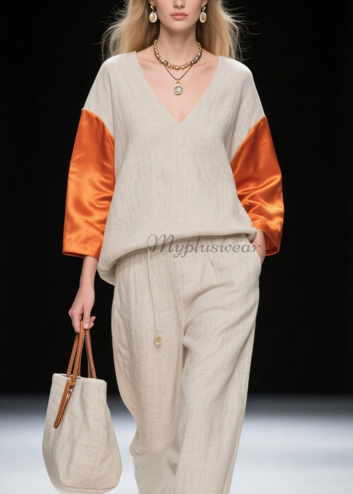 New Colorblock V Neck Patchwork Linen Silk Two-piece Set Spring