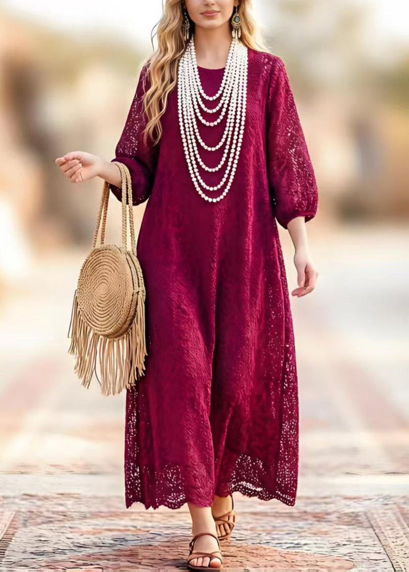 New Dark Purple O Neck Hollow Out Lace Dresses Summer