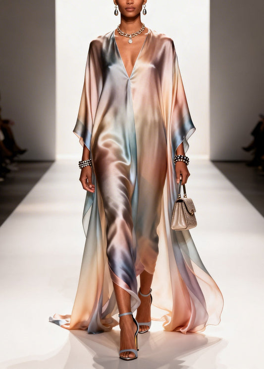 New Gradient Color V Neck Chiffon Long Dress Summer