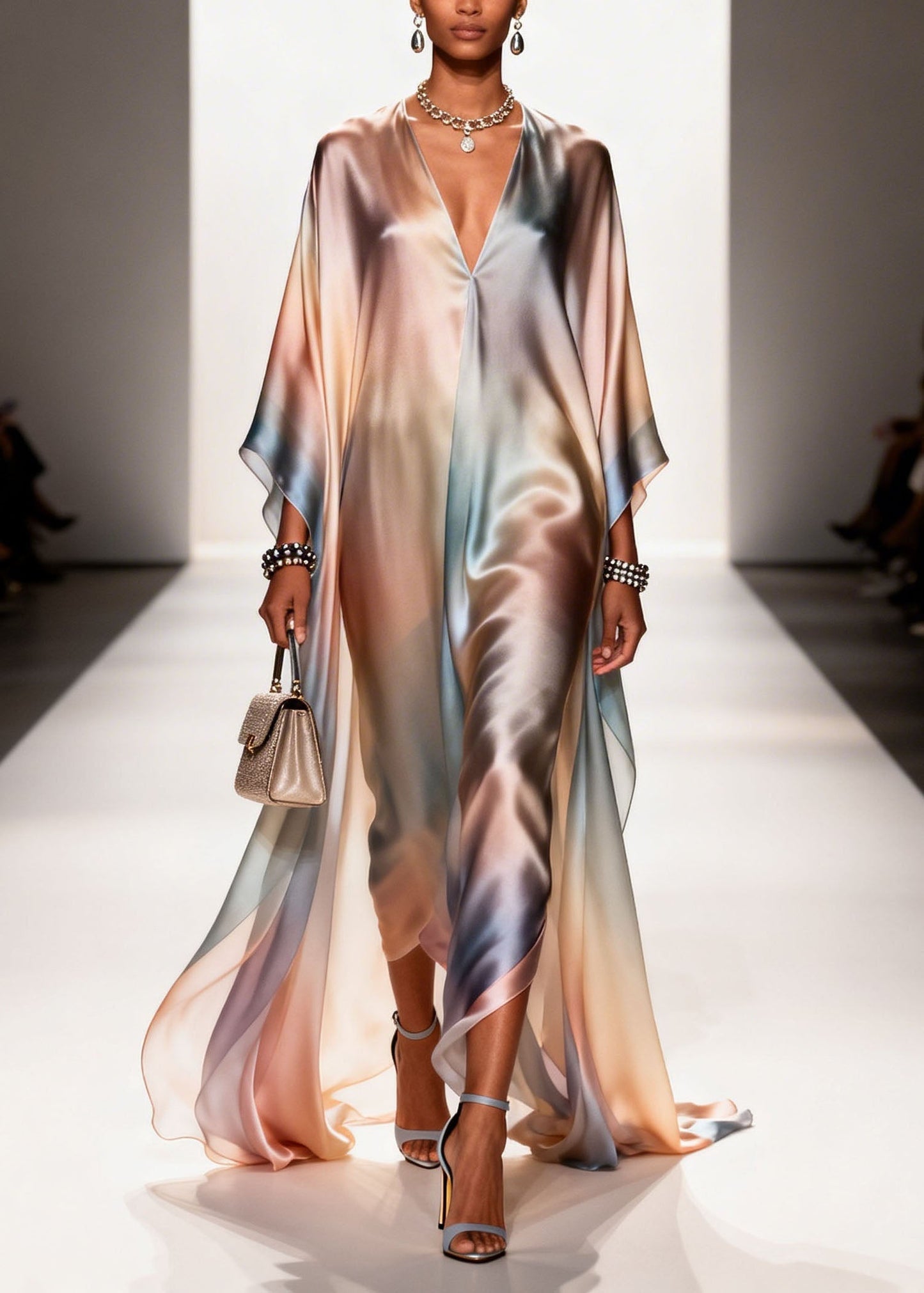 New Gradient Color V Neck Chiffon Long Dress Summer