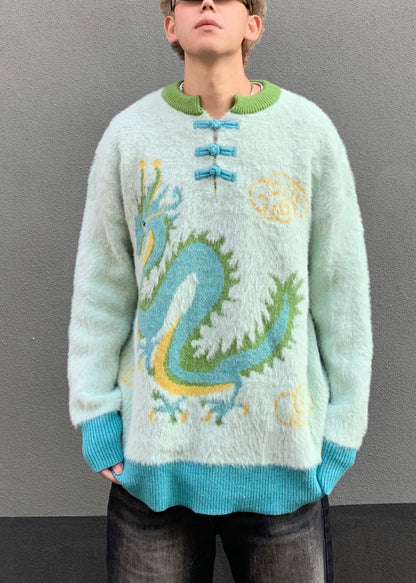 New Green Button Dragon Patchwork Mink Velvet Sweaters Spring