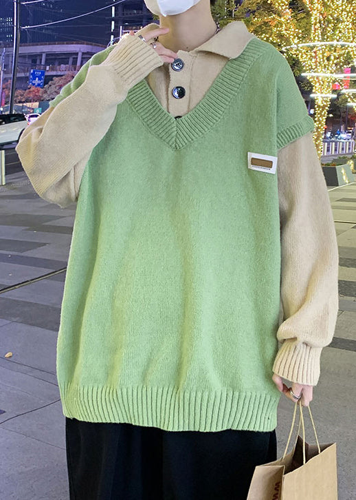 New Green Button Patchwork False Two Pieces Knit Sweaters Spring