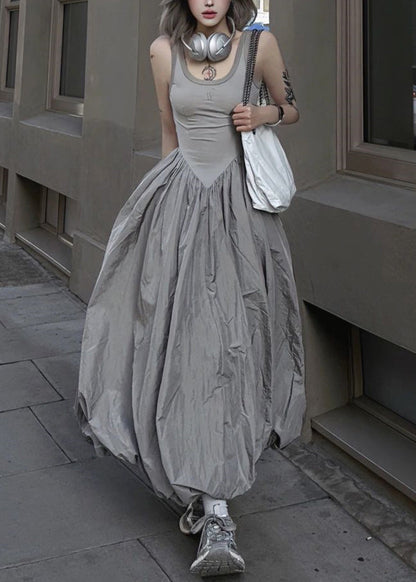 New White Polka Dots Backless Patchwork Cotton Long Dresses Sleeveless