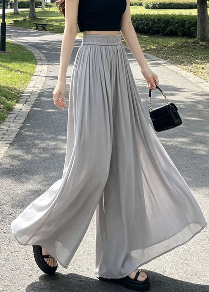 New Grey Elastic Waist Patchwork Linen Silk Wide Leg Pants Summer