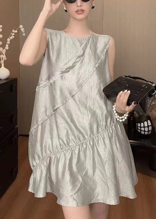 New Grey O Neck Cotton Mid Dress Sleeveless