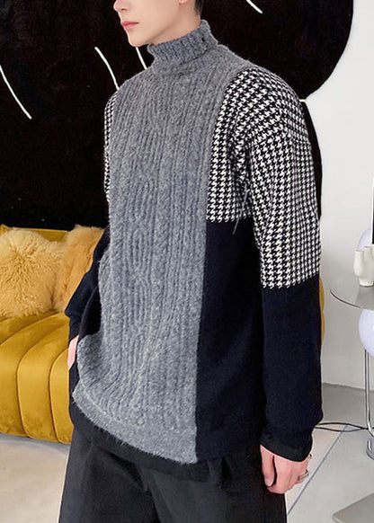 New Grey Turtleneck Patchwork Knit Sweater Winter