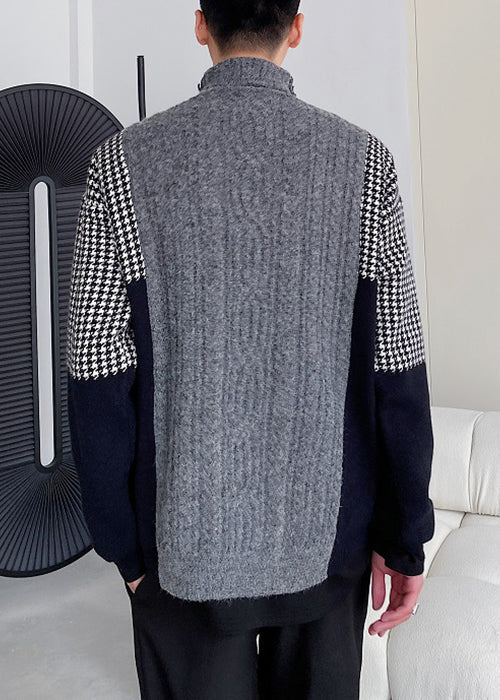 New Grey Turtleneck Patchwork Knit Sweater Winter