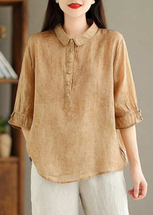New Khaki Button Print Linen Shirt Summer
