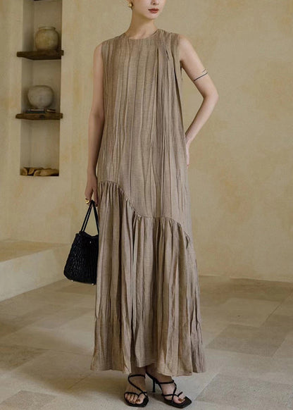 New Khaki Wrinkled Patchwork Cotton Long Dresses Sleeveless