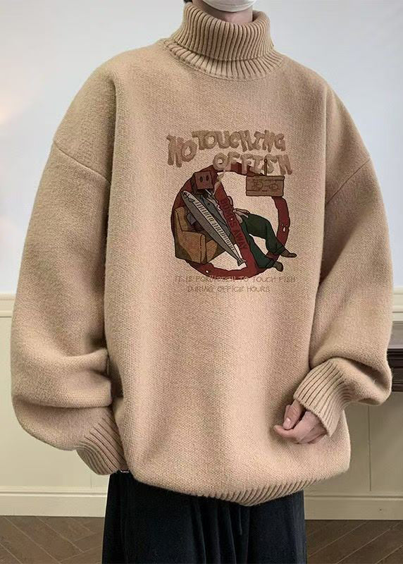 New Khaki Turtleneck Print Cozy Knit Sweaters Winter