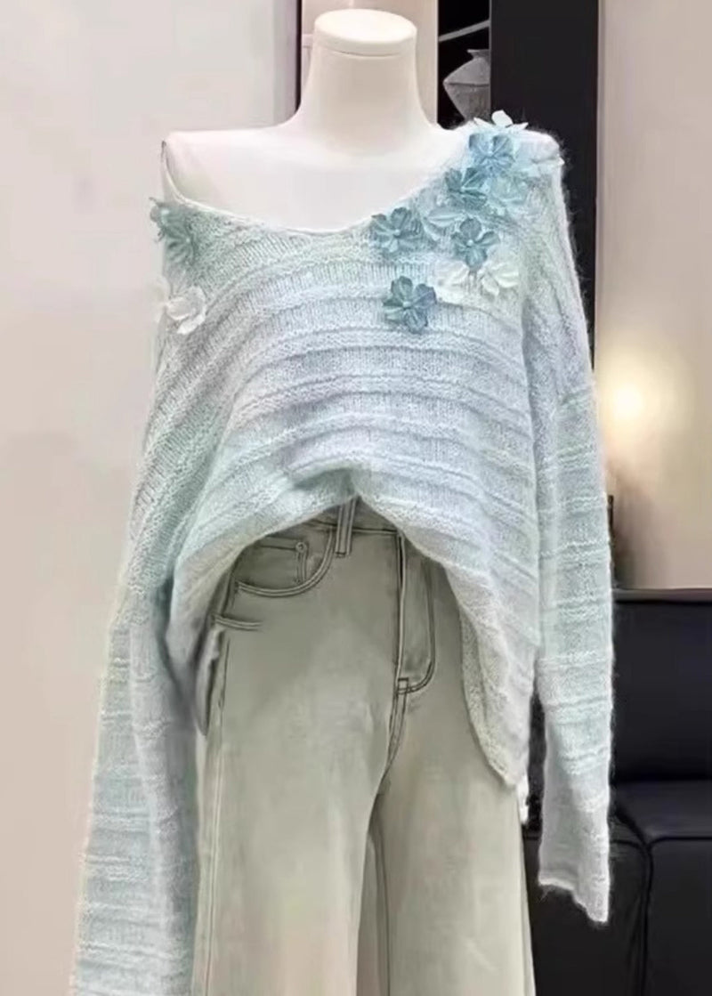 New Light Blue Cold Shoulder Knit Sweaters Spring