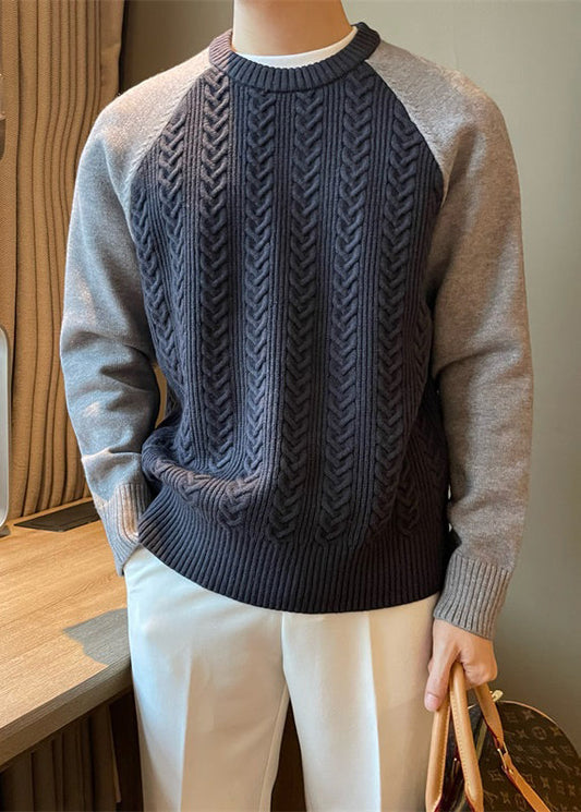 New Navy O Neck Patchwork Cable Knit Sweaters Spring