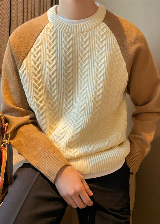New Navy O Neck Patchwork Cable Knit Sweaters Spring