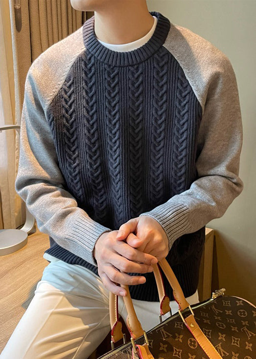 New Navy O Neck Patchwork Cable Knit Sweaters Spring