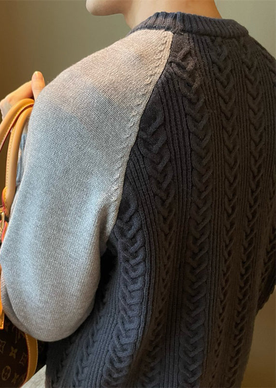 New Navy O Neck Patchwork Cable Knit Sweaters Spring