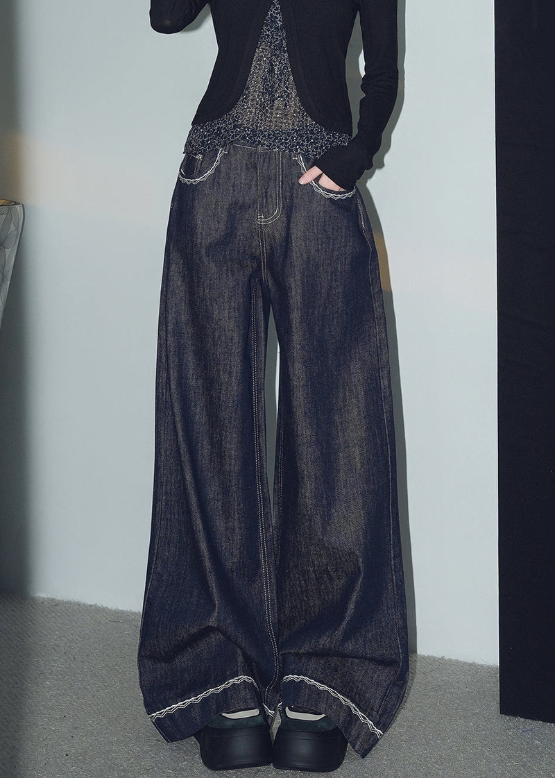 New Navy Original Design Pockets Denim Wide Leg Pants Spring
