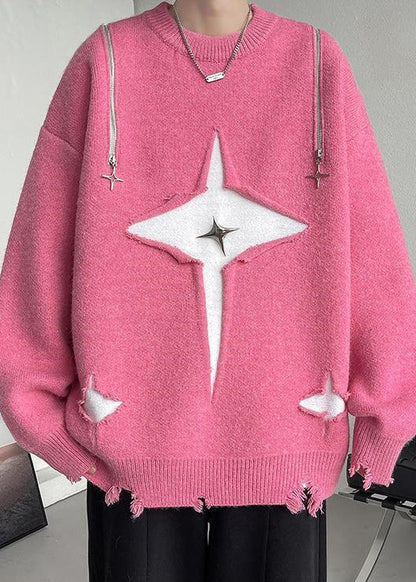 New Pink O Neck Hole Cozy Knit Sweater Fall
