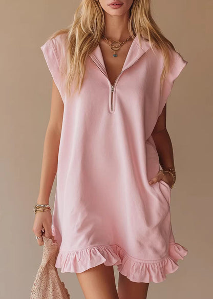 New Pink Zip Up Ruffled Patchwork Cotton Dresses Summer