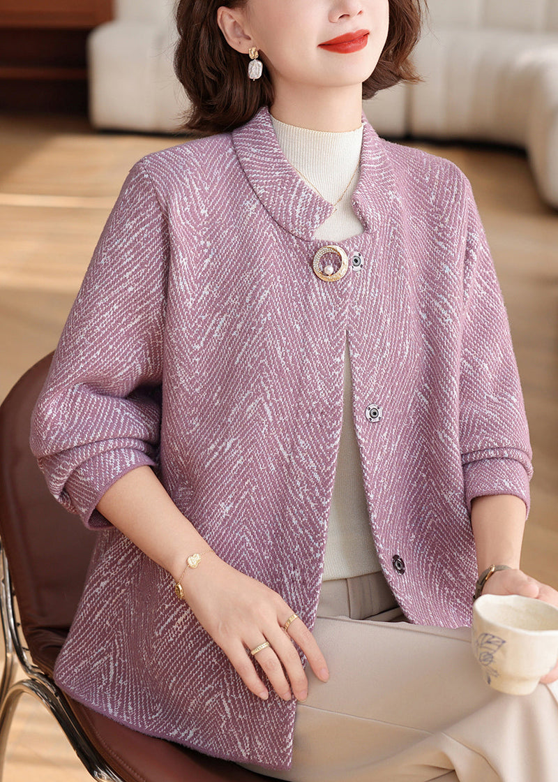 New Purple O-neck Patchwork Knit Cardigan Spring