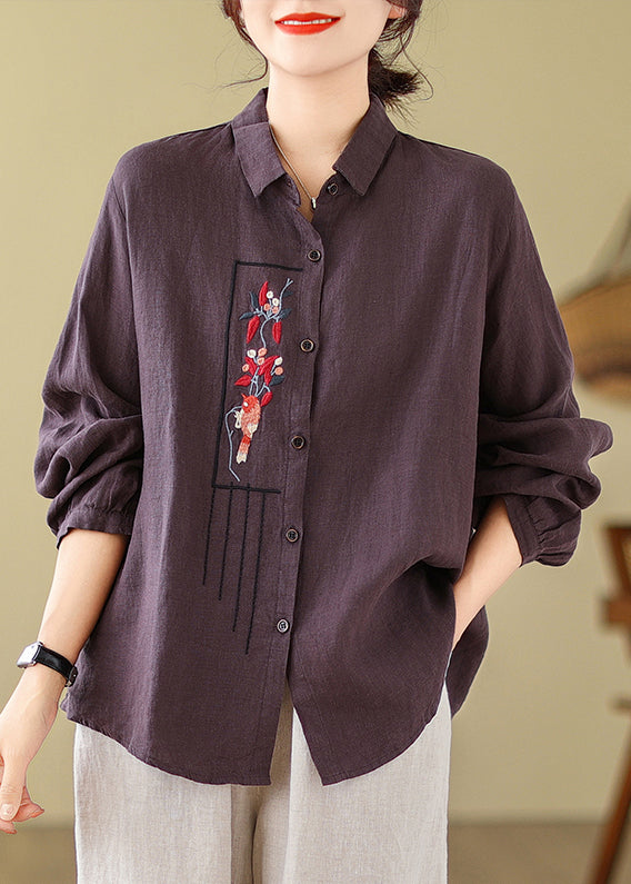 New Purple Embroidered Cotton Blouses Long Sleeve