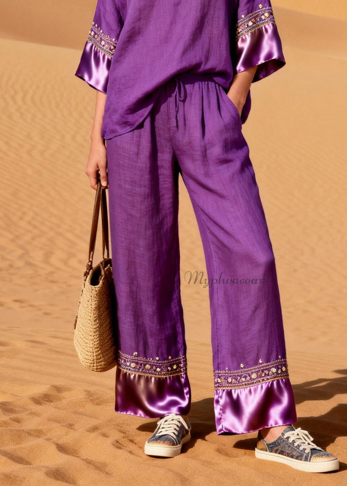 New Purple V Neck Silk Patchwork Linen Two Piece Suit Set Summer