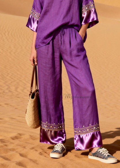 New Purple V Neck Silk Patchwork Linen Two Piece Suit Set Summer