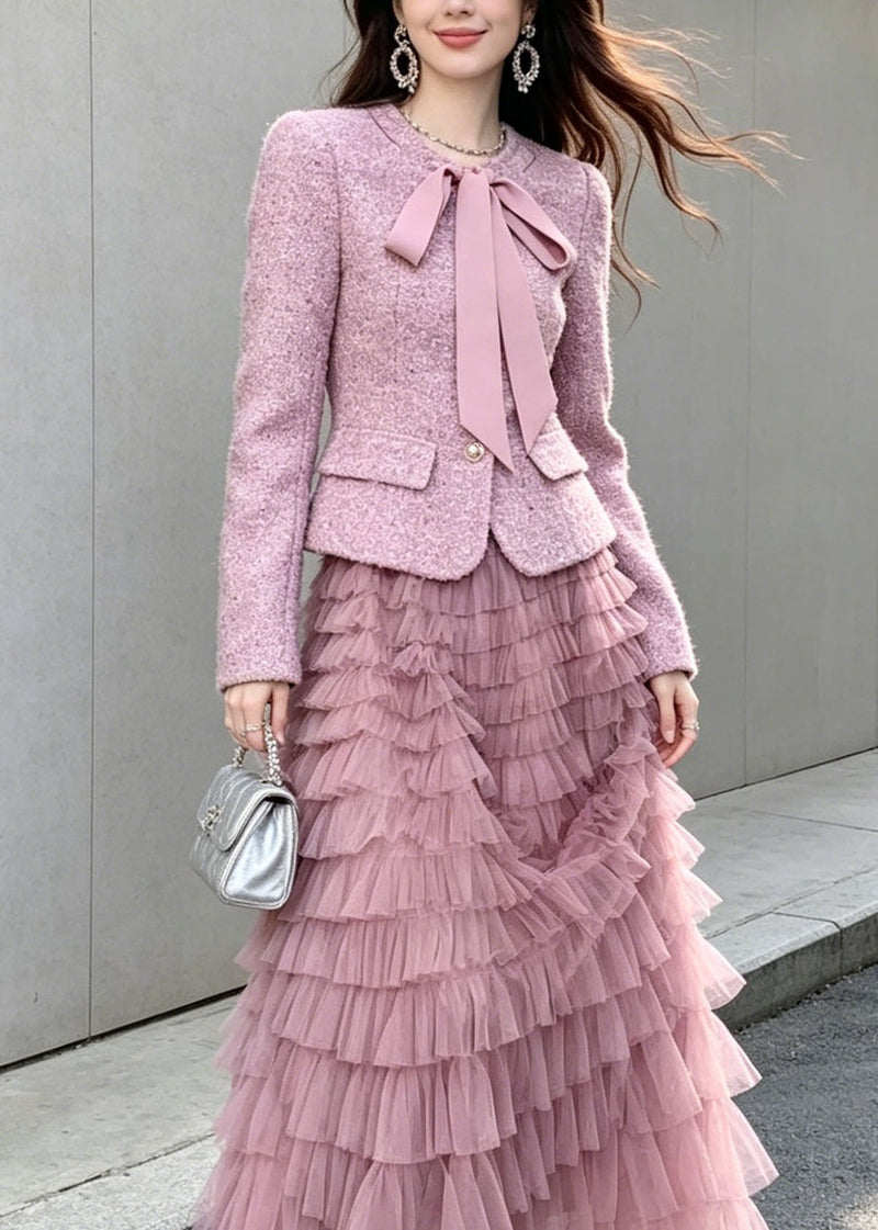 New Purple Woolen Coat and Tulle Ruffled Skirts Sets 2 Pieces Fall